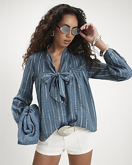 Blue Glitter Stripe Tie Blouse