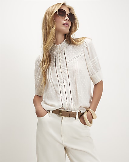 Cream Embroidered Pintuck Blouse