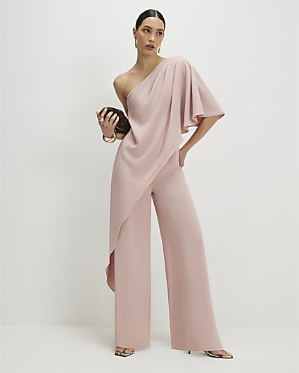 Pink One Shoulder Overlay Jumpsuit