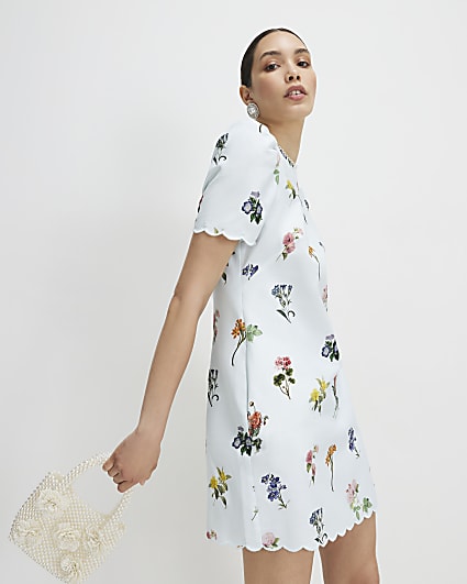 Blue Floral Scallop Trim Mini Shift Dress