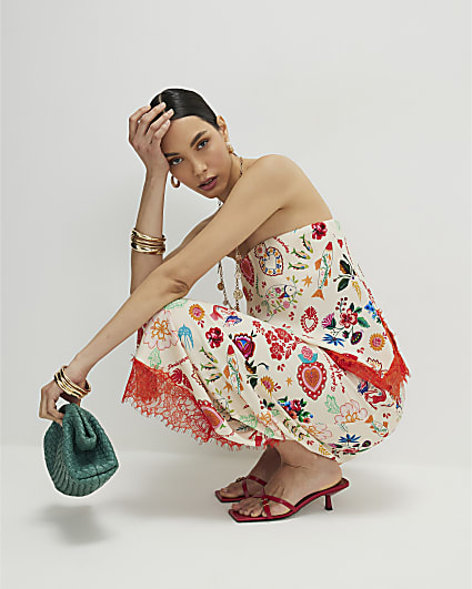 Cream Lace Trim Printed Bandeau Top