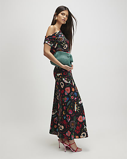 Black Satin Printed Asymmetric Maxi Dress