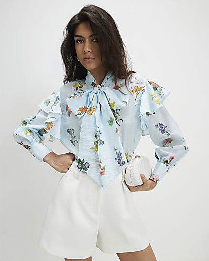 Blue Floral Pussybow Long Sleeve Blouse