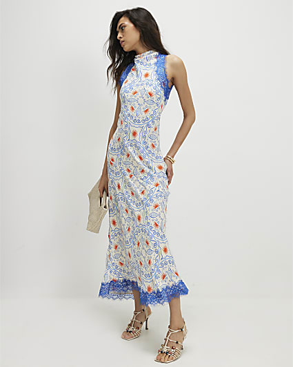 Blue Satin Geometric Lace Trim Slip Dress