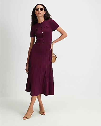 Burgundy Cotton Pointelle Knit Midi Dress