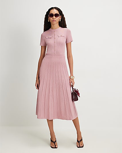 Pink Pointelle Knit Midi Dress