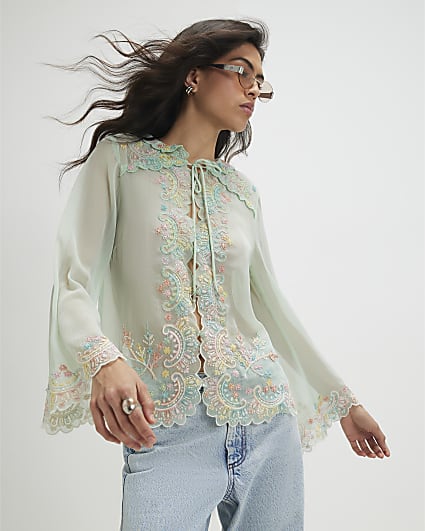 Green Soft Embroidered Tie Blouse