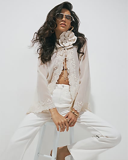 Cream Embellished Tie Neck Sheer Blouse