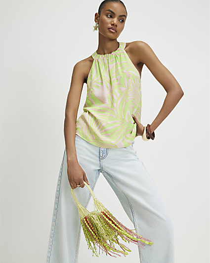 Green Printed Halter Neck Top