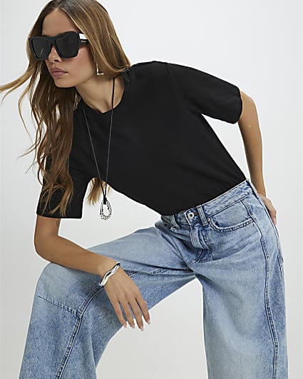 Black Short Sleeve Shoulder Pad Bodysuit