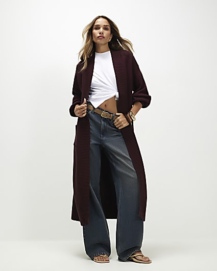 Red Knitted Ribbed Maxi Cardigan
