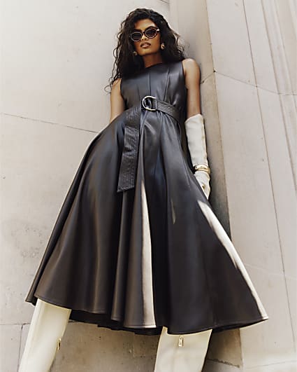Brown Faux Leather Belted Midi Dress