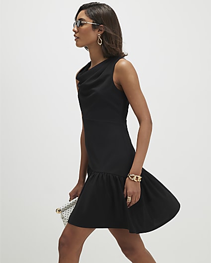 Black Cowl Neck Peplum Mini Dress