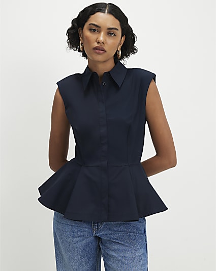 Navy Sleeveless Peplum Shirt
