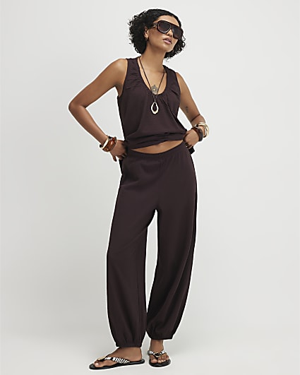 Brown Cotton Blend Textured Cuffed Joggers