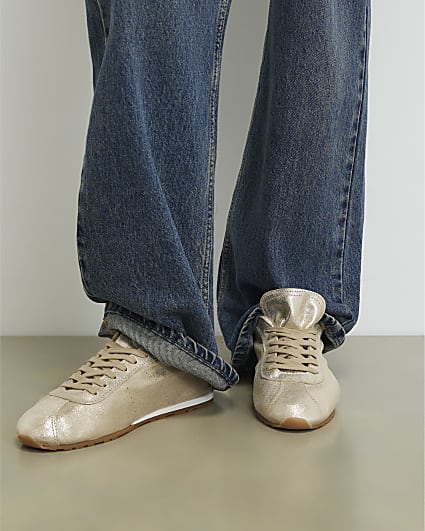 Gold Leather Lace Up Trainers