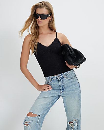 Black Sleeveless Textured Seamless Cami Top