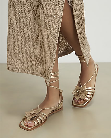 Gold 3D Flower Strappy Sandals