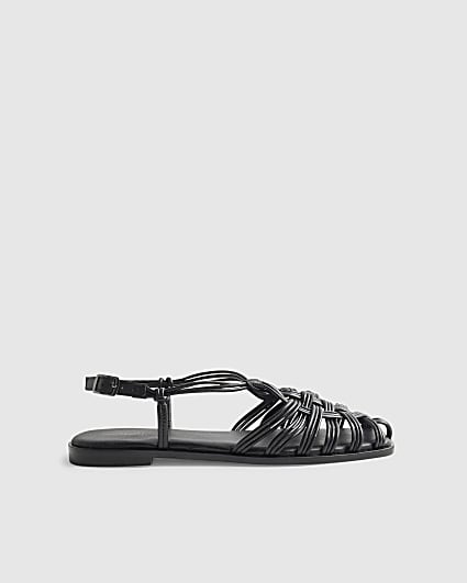 Black Leather Caged Sandals
