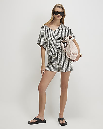 Black Cotton Stripe Shorts