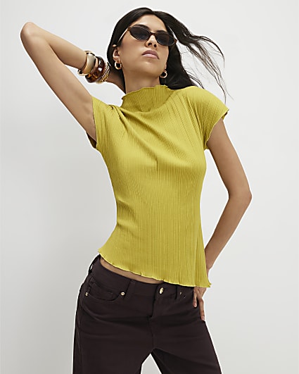 Green Cotton Blend Textured High Neck Top