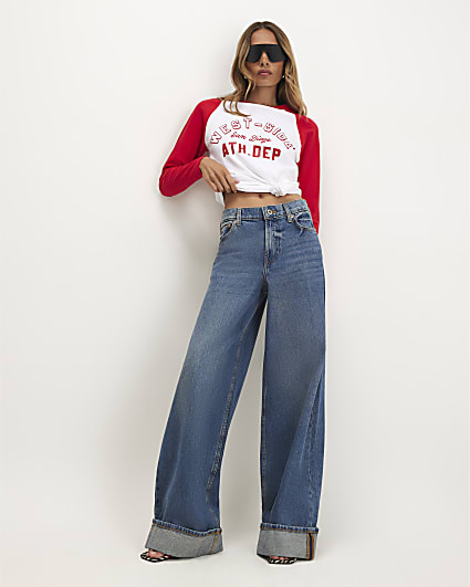 Blue Low Rise Turn Up Hem Wide Leg Jeans