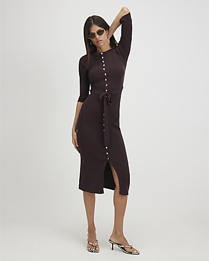 Brown Knit Belted Ribbed Midi Dress