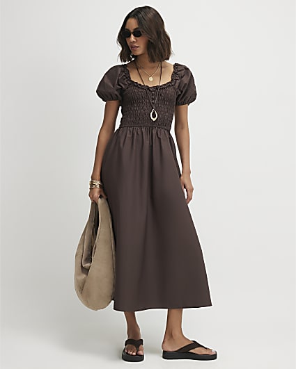 Brown Cotton Shirred Midi dress