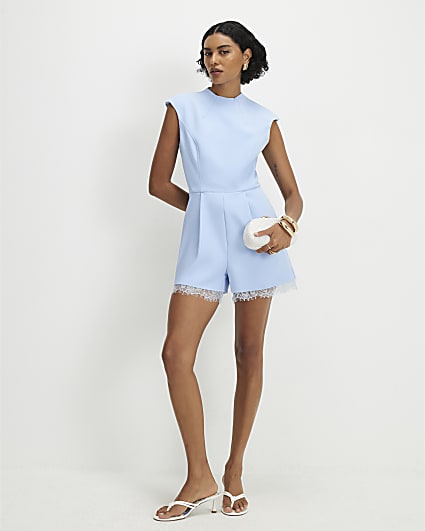 Blue Short Sleeve Lace Trim Playsuit