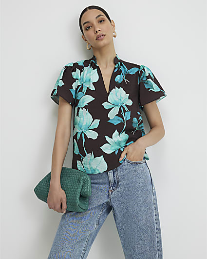 Brown Floral Short Sleeve Blouse