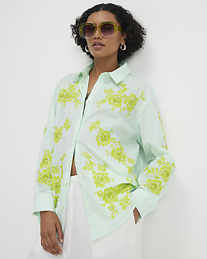 Green Cotton Floral Applique Shirt
