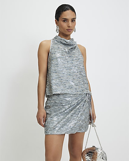 Petite Grey Sequin Wrap Mini Skirt