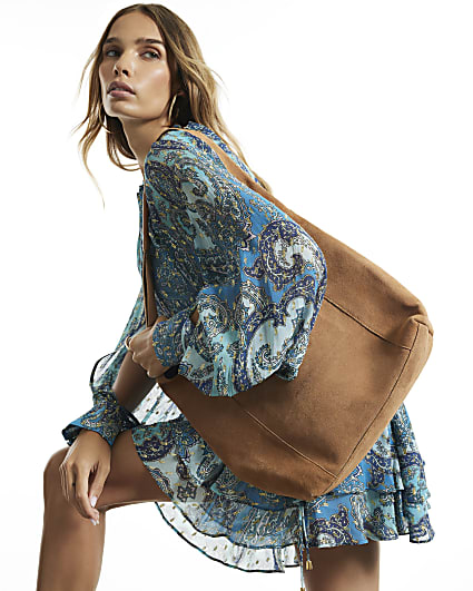 Beige Panelled Suede Slouch Shoulder Bag