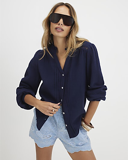Navy Cotton Long Sleeve Pintuck Blouse