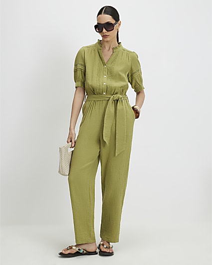 Green Cotton Textured Jumpsuit