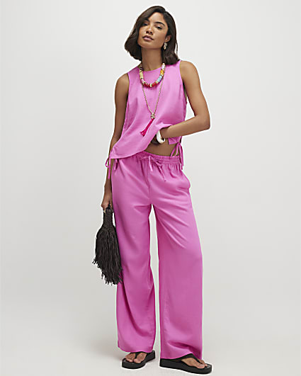 Pink Linen Blend Wide Leg Trousers