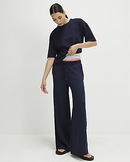 Navy Premium Side Stripe Wide Leg Joggers
