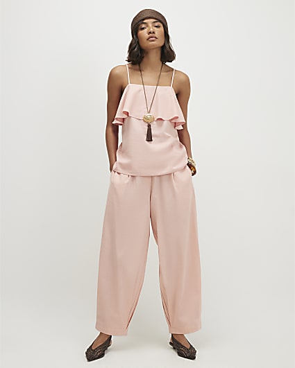 Pink Linen Blend Tapered Balloon Leg Trousers