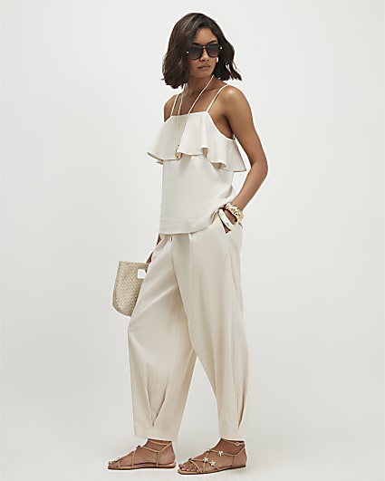 Beige Linen Blend Tapered Balloon Trousers