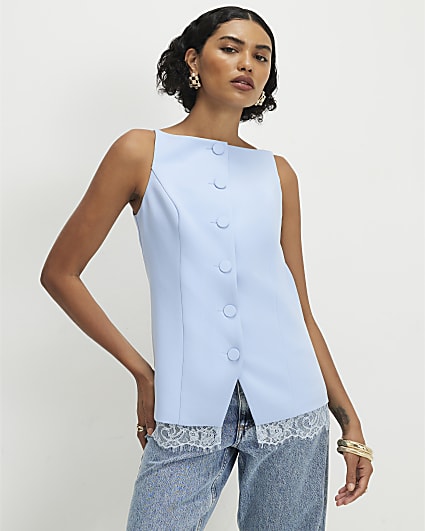 Blue Lace Trim High Neck Waistcoat