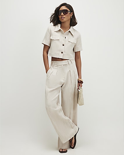 Beige Cotton Wide Leg Trousers