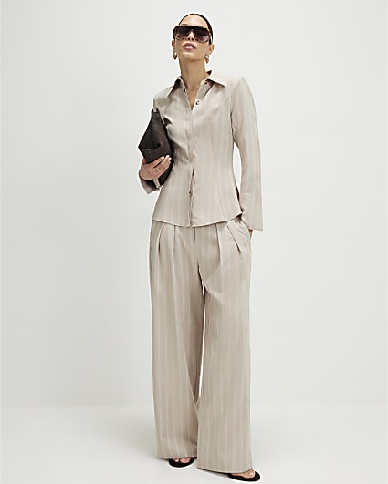 Beige Stripe Wide Leg Trousers