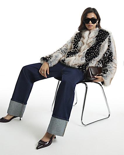 Cream Mixed Faux Fur Plush Coat