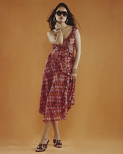 Red Check Asymmetric Midi Dress