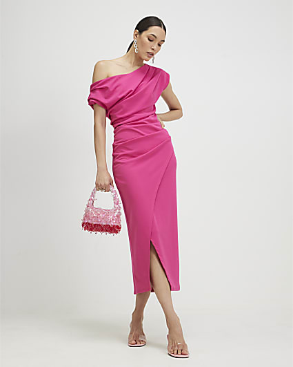 Pink Asymmetric Drape Wrap Midi Dress