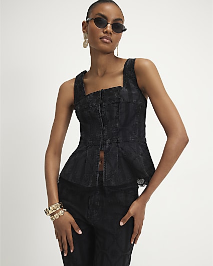 Black Embroidered Denim Lace Peplum Top