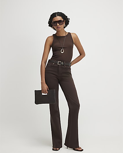 Brown Belted Stretch Straight Leg Jeans
