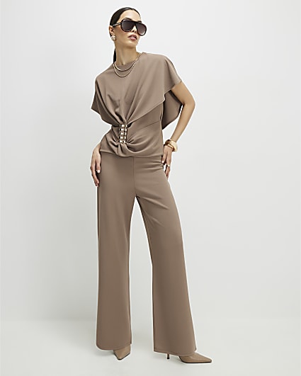Beige Wide Leg Trousers