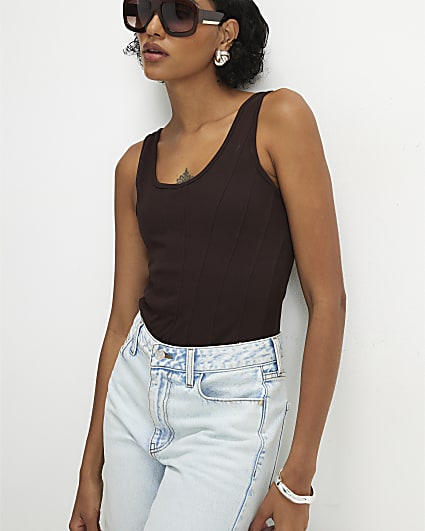 Brown Cotton Scoop Neck Seam Trim Bodysuit