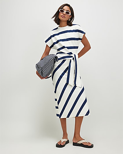 Cream Premium Stripe Tie Side Midi Dress